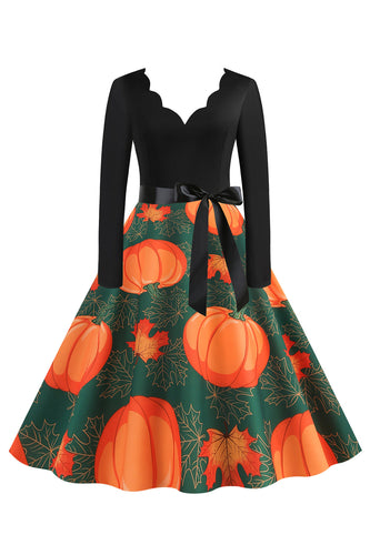 Wavy V-Neck Long Sleeves Print Halloween Retro Dress