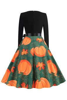 Wavy V-Neck Long Sleeves Print Halloween Retro Dress