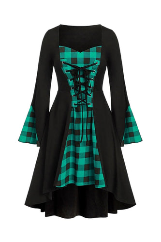 Lace-Up Flare Sleeves Halloween Plaid Retro Dress