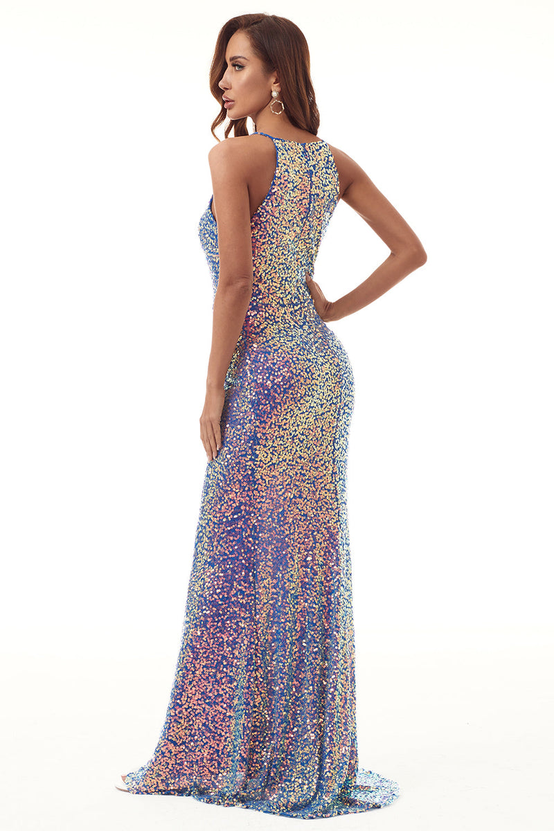 Load image into Gallery viewer, Sequins Halter Long Formal Dress with Slit