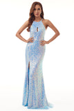 Sequins Halter Long Formal Dress with Slit