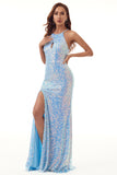 Sequins Halter Long Formal Dress with Slit