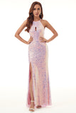 Sequins Halter Long Formal Dress with Slit