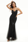 Black Sequin Spaghetti Straps Sheath Formal Dress