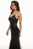 Black Sequin Spaghetti Straps Sheath Formal Dress