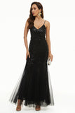 Black Sequin Spaghetti Straps Sheath Formal Dress