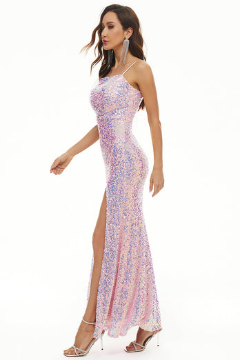 Sequins Spaghetti Straps Long Formal Dress with Slit