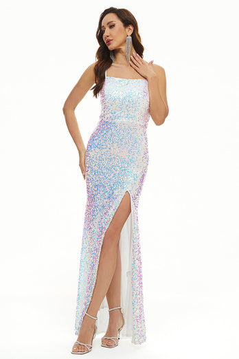 Sequins Spaghetti Straps Long Formal Dress with Slit