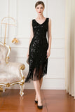 Black Sequin 1920s Flapper Dress with Fringes