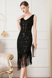 Black Sequin 1920s Flapper Dress with Fringes