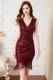 Burgundy Sequins Cocktail Dress with Fringes