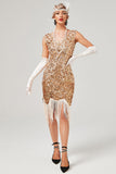 Dark Green Sequined V-Neck Gatsby Dress With Fringes