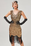 Dark Green Sequined V-Neck Gatsby Dress With Fringes
