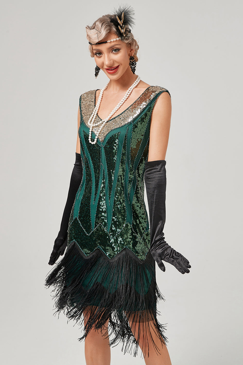 Black Green V-Neck Flapper Dress With Fringes