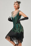 Black Green V-Neck Flapper Dress With Fringes