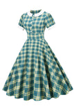 Jewel Neck Green Grid 1950s Dress with Short Sleeves