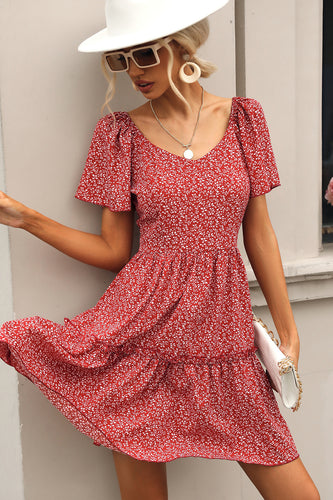 Red Floral Boho Summer Dress with Sleeves