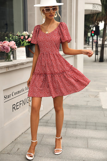 Red Floral Boho Summer Dress with Sleeves
