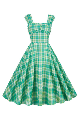 One-Line Neck High-Waisted Vintage Plaid Dress
