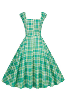 One-Line Neck High-Waisted Vintage Plaid Dress