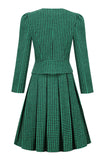 A Line V Neck Green Grid Plaid Vintage Dress