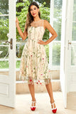 Jewel Neck Light Khaki Vintage Dress with Embroidery