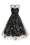 A Line Jewel Black Vintage Dress with Embroidery