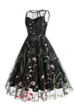 A Line Jewel Black Vintage Dress with Embroidery