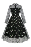 A Line High Neck Black Vintage Dress with Lace