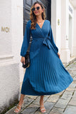 Blue V-Neck Casual Dress With Sash