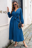 Blue V-Neck Casual Dress With Sash