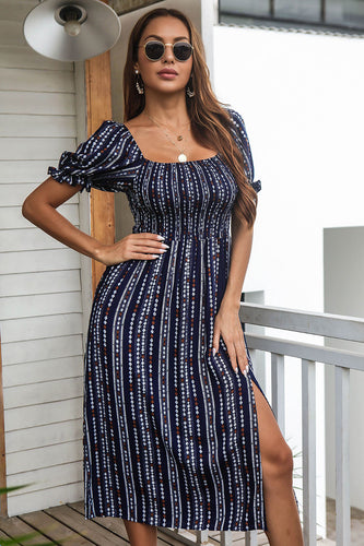 Square Neck Navy Printed Puff Sleeves Summer Dress