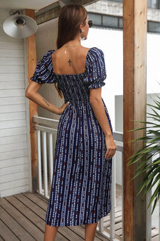 Square Neck Navy Printed Puff Sleeves Summer Dress
