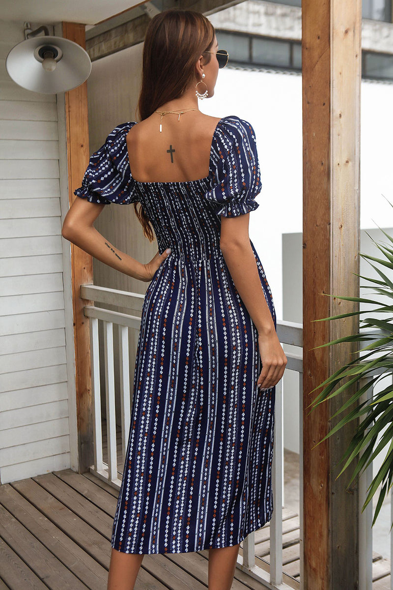 Load image into Gallery viewer, Square Neck Navy Printed Puff Sleeves Summer Dress