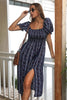 Load image into Gallery viewer, Square Neck Navy Printed Puff Sleeves Summer Dress