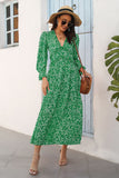 V Neck Green Floral Printed Long Summer Dress