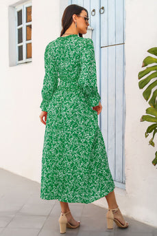 V Neck Green Floral Printed Long Summer Dress