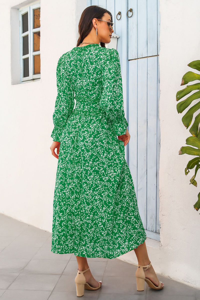 Load image into Gallery viewer, V Neck Green Floral Printed Long Summer Dress