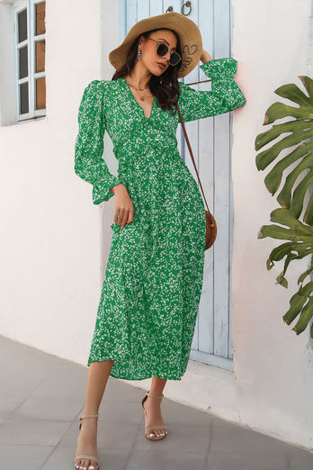 V Neck Green Floral Printed Long Summer Dress