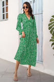 V Neck Green Floral Printed Long Summer Dress