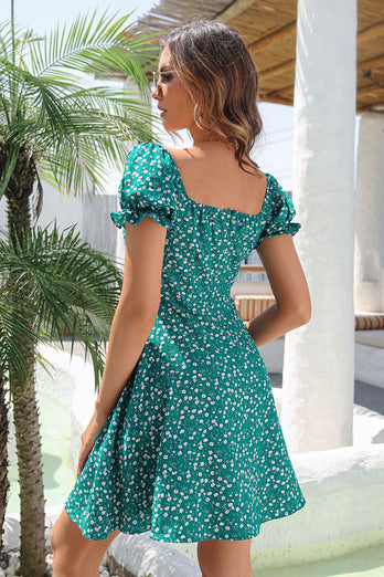 Off the Shoulder Green Floral Printed Summer Dress