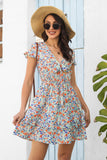 V Neck Floral Printed Green Short Summer Dress with Keyhole