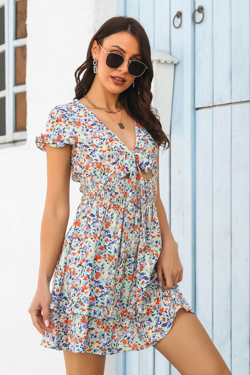 Load image into Gallery viewer, V Neck Floral Printed Green Short Summer Dress with Keyhole