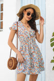 V Neck Floral Printed Green Short Summer Dress with Keyhole