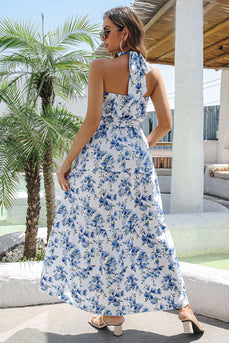 Halter Neck Floral Printed Blue Long Summer Dress