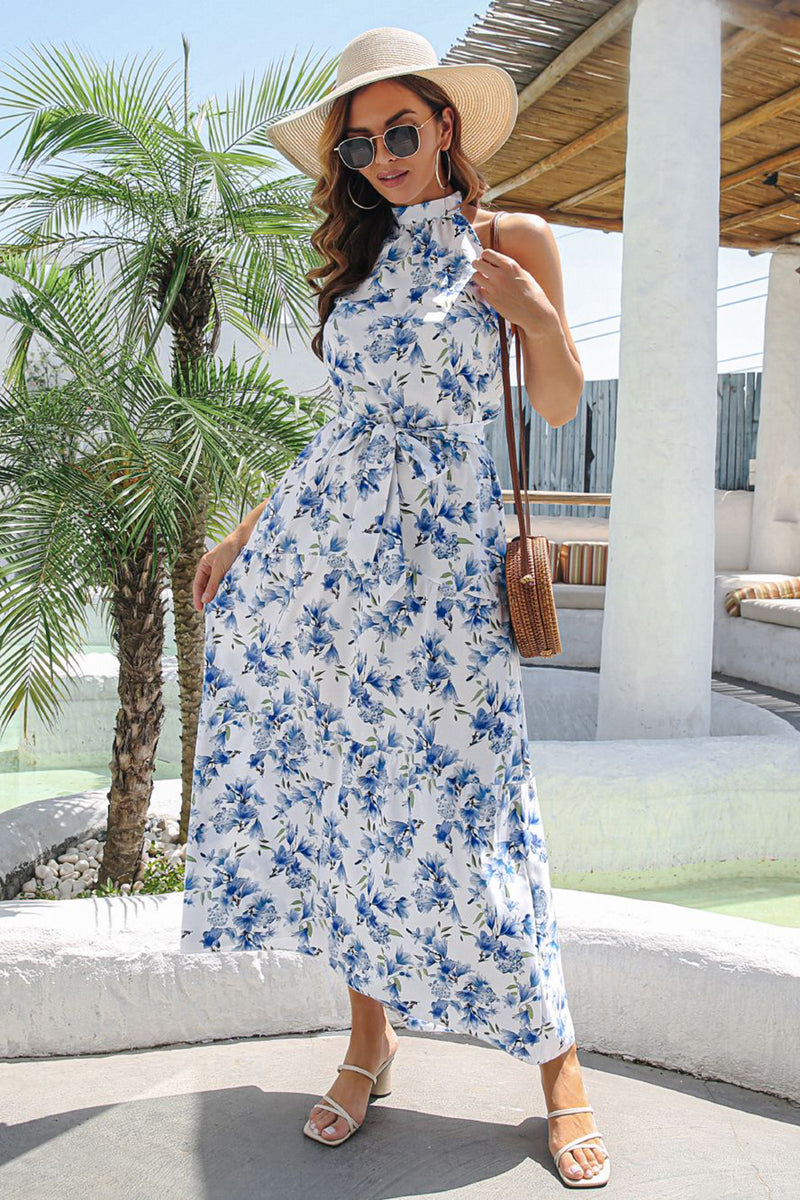 Load image into Gallery viewer, Halter Neck Floral Printed Blue Long Summer Dress