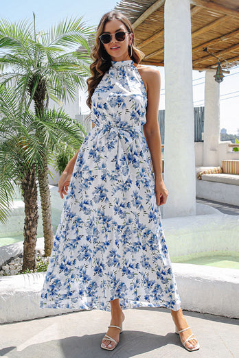 Halter Neck Floral Printed Blue Long Summer Dress