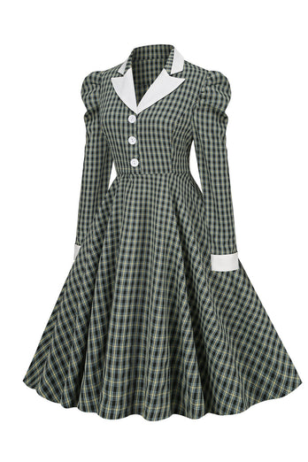 Vintage Slim Fit Lapel Green Grid 1950s Dress