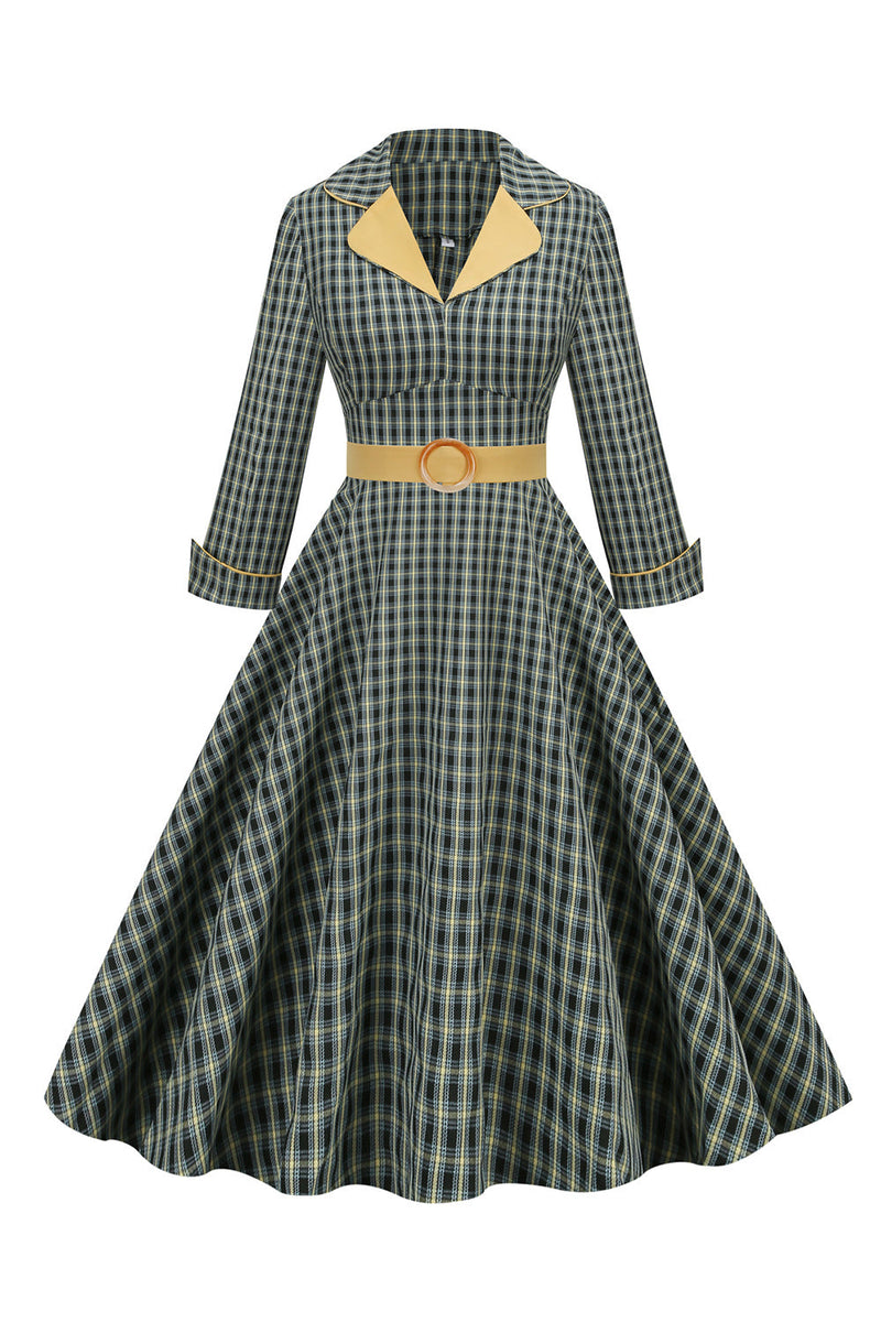 Load image into Gallery viewer, A Line V Neck Green Grid 1950s Dress with 3/4 Sleeves