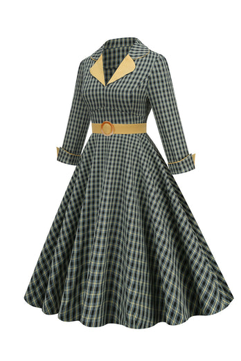 A Line V Neck Green Grid 1950s Dress with 3/4 Sleeves